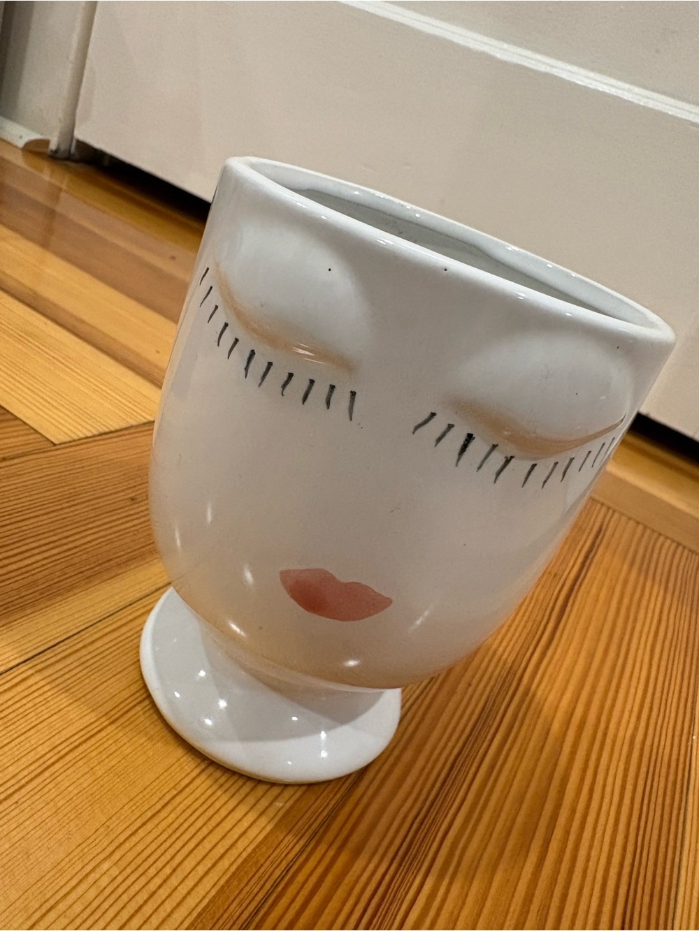 Decorative White Ceramic Face Planter with Blush Lips